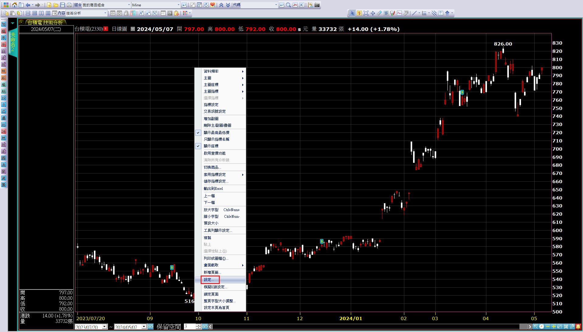 步驟1：在技術分析畫面按滑鼠右鍵，選擇「設定」